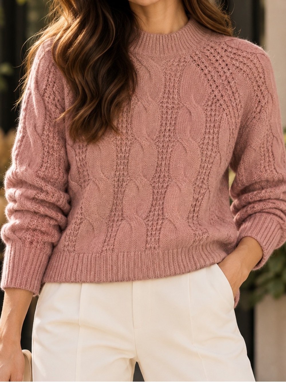J Crew M Alpaca Blend Cable Knit Mock Neck Sweater Dusty Pink Chunky Soft